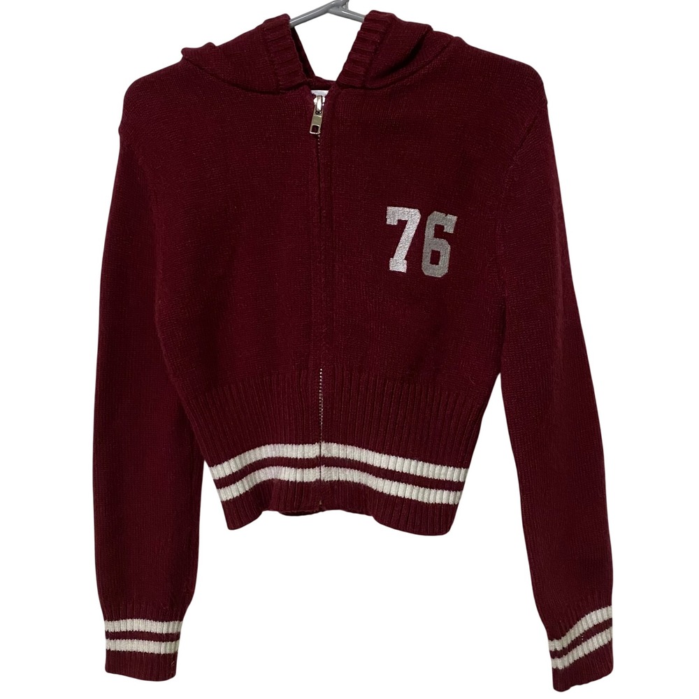 Stella Tweed Girls Front Zip Knit Hoodie Sweater Size 7-8 Maroon Cute Collegiate